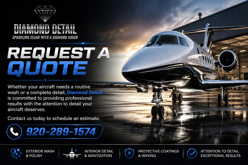 Diamond Detail aircraft detailing CTA featuring a private jet in a hangar, with professional aircraft washing, polishing, interior detailing, protective coatings, and quote information.