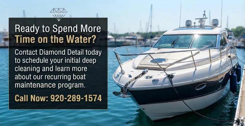 A luxury yacht docked in a marina next to a text overlay promoting 'Diamond Detail' boat cleaning services and a phone number.
